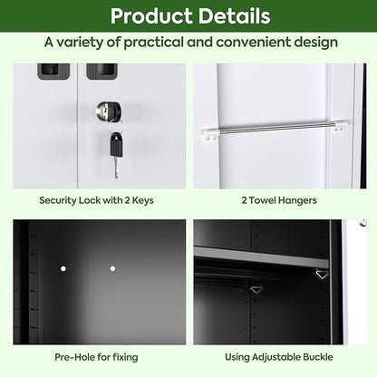 Broom Closet Storage Cabinet with Wheels and Pegboard,Metal Garage Storage Cabinet with Doors and Adjustable Shelves for Garage Home Office,Required Assembly,Black and White
