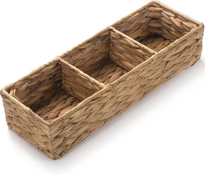 Wicker Bathroom Basket with 3 Compartments, Water Hyacinth Toilet Tank Basket, Woven Storage Box for Bathroom Organizer (16.5 x 5.5 x 3.5 inch)