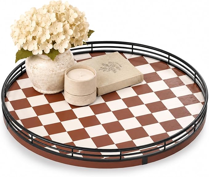 Brown Checkered Lazy Susan Decorative Tray, 12 Inch Round Rotating Tray with Black Metal Rail, Wood Turntable for Coffee Table Decor, Dining Table Centerpiece, Candle and Vase Display