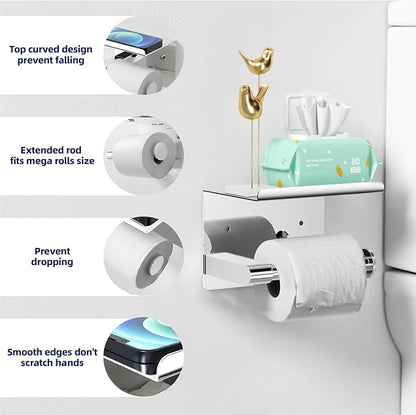 Chrome Toilet Paper Holder Wall Mount, Fits Mega Rolls Size Sliver Toilet Paper Holder with Shelf, Rustproof Stainless Steel Toilet Roll Holder, Self Adhesive Toilet Paper Holders Chrome