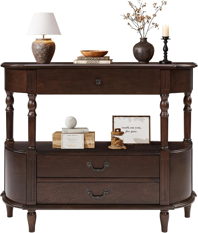 43" Retro Curved Console Table with Drawers, Solid Wood Half Moon Console Table Entry Sofa Table with Storage with Solid Pine Roman Legs Open Shelf for Small Spaces Living Room,Espresso