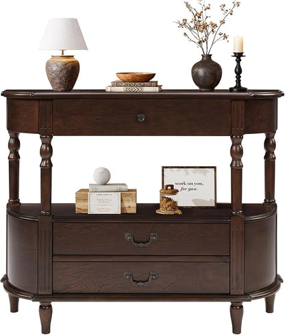 43" Retro Curved Console Table with Drawers, Solid Wood Half Moon Console Table Entry Sofa Table with Storage with Solid Pine Roman Legs Open Shelf for Small Spaces Living Room,Espresso