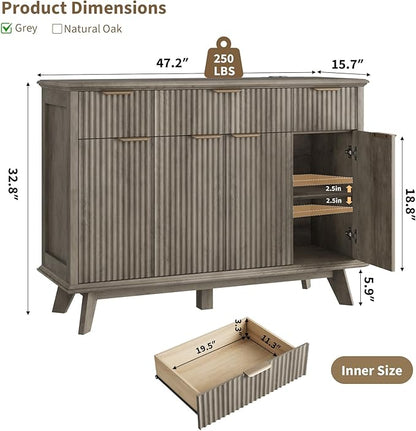 QUW Fluted Sideboard Buffet Cabinet with Charging Station, 47.2" Kitchen Storage Cabinet with Drawers and Adjustable Shelves, Modern Coffee Bar Kitchen Table for Dining Room, Living Room, Grey