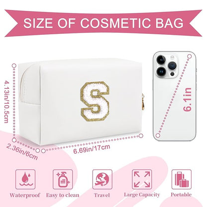 Small Personalized Initial A-Z Preppy Patch Makeup Bag,White PU Chenille Letter Travel Cosmetic Pouch with Zipper,Cute Toiletry Bag,Gift Ideal for Teen Girls Women Teacher Bridesmaid,Letter S