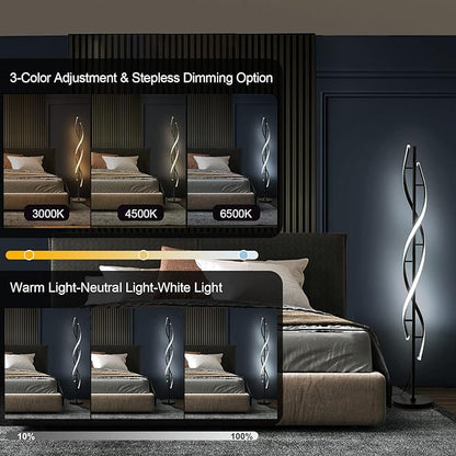 Spiral LED Floor Lamp for Bedroom,Modern Floor Lamps with Remote Control 60 Inch Dimmable Black Floor Lamp 48W Standing Lamp Timing 3 Color Temperature Corner Floor Lamps for Living Room