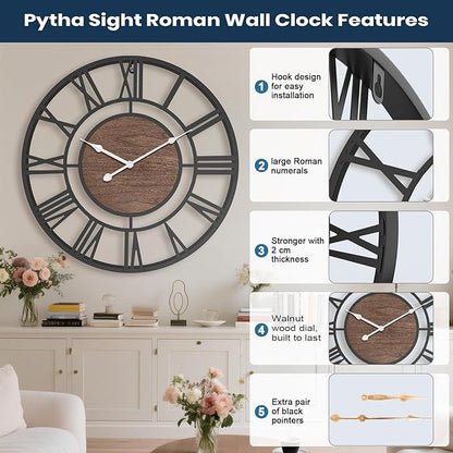 Large Wall Clock for Lving Room,16 Inch Modern Industrial Decorative Metal Silent Battery Operated Big Arabic Numerals Wall Clocks for Bedroom,Kitchen,Dining Room,Office,Kitchen