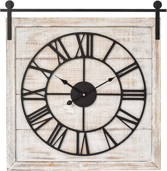 Vintage Barn Door Wall Clock - Distressed White Wash Finish, Large Rustic Farmhouse Wood Clock for Home, Wall and Farmhouse Décor, 24x23.6 Inches