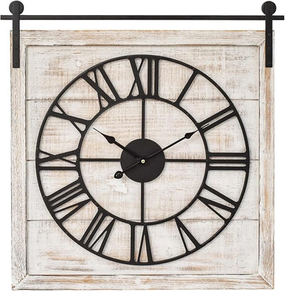 Vintage Barn Door Wall Clock - Distressed White Wash Finish, Large Rustic Farmhouse Wood Clock for Home, Wall and Farmhouse Décor, 24x23.6 Inches