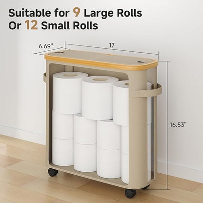 VITVITI Toilet Paper Storage Basket with Lid, Bathroom Toilet Paper Holder Organizer for 9-12 Rolls Large Capacity, Foldable Fabric Bamboo Toilet Paper Container with Pockets, Medium (Khaki)