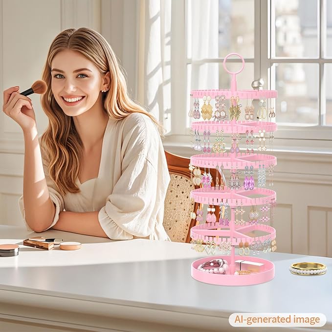iDavosic.ly 5 Tier Rotating Earring Holder Organizer with Metal Tray, Adjustable Plastic Dangle Display Stands Tree with 285 Grooves, Large Hoop Storage Rack Tower, Pink