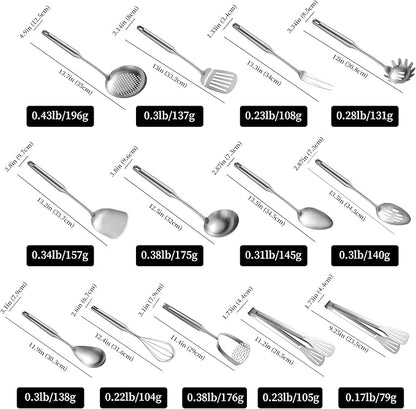 NIITAWH Stainless Steel Kitchen Utensils 13 PCS Metal Set, Solid and Slotted Spoon, Fork, Spatula, Ladle, Skimmer, Slotted Spatula Tunner, Spaghetti Large Spoon, Meat Fork, Masher, Whisk, Tongs