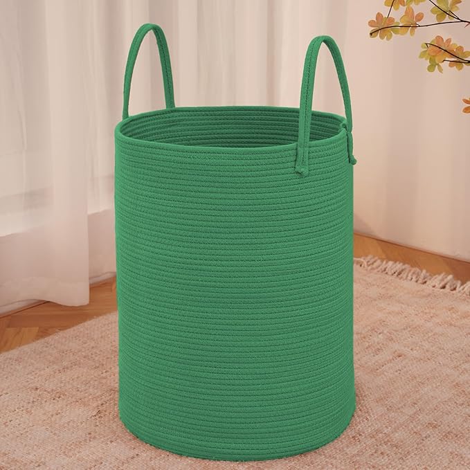 JMvicyroam Large Woven Laundry Basket Hamper,80L Cotton Rope Storage Bin for Blankets,Toys and Clothes,Decorative Tall Nursery Hamper for Living Room,Baby Nursery,Bathroom and Bedroom,Dark Green