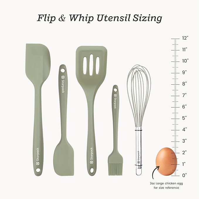Starpack 'Flip & Whip' Premium Silicone Baking Utensils Set (5 Pcs) - 10" Green Cooking Utensils with Large and Small Spatulas, Whisk and Basting Brush - Heat Resistant to 600°F - Baking Tool Set