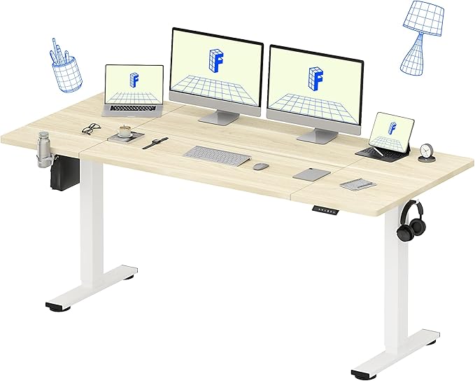 FLEXISPOT 79x32 Inch Electric Large Standing Desk for Home & Office, Spacious Splice Board Desk with Cable Management & Organizer, Cup Holder & Hook, White Wood Grain