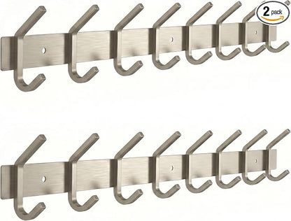 Coat Rack Wall Mount – Brushed Nickel 24 Inch Stainless Steel Hook Rail with 8 Heavy Duty Double Coat Hooks – Wall Mounted Coat Hanger for Entryway, Bathroom, Bedroom, Towel, Hat Organizer - 2 Pack