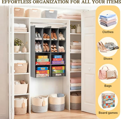 Ofiray-home 4 Tier Hanging Closet Organizer, 12 Compartments Sweater Organizer for Closet with 3 Sturdy Hooks, Closet Organizers and Storage, Wardrobe, Rv, Garment Rack, Grey