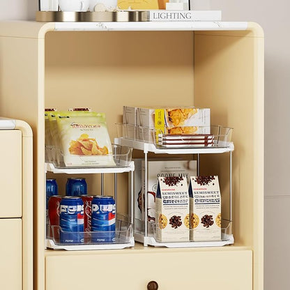 Delamu 4 Pack 2-Tier Bathroom Under Sink Organizers and Storage, Multi-Purpose Stackable Pantry Organization and Storage, Pull Out Clear Kitchen Bathroom Cabinet Organizer with Movable Dividers, White