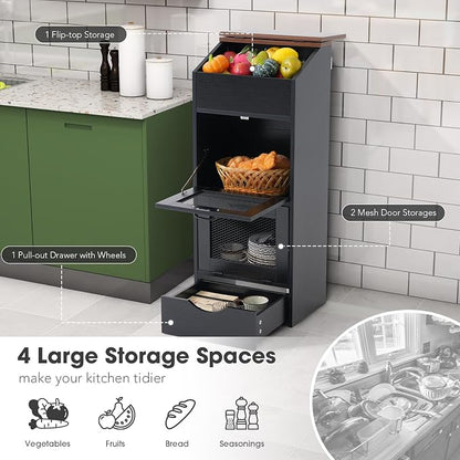Patiorama Wood Potato and Onion Storage Bin Box with Lid, 4-Tier Farmhouse Wooden Bread Box Cabinet with 2 Mesh Doors & Rolling Drawer, Large Vegetable Storage Bin Organizer for Kitchen Pantry Black