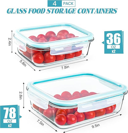 LOVYANXUE 4 Pack [78 oz & 36 oz] Large Glass Food Storage Containers with Lids, Glass Meal Prep Containers Set with Airtight Lids - BPA Free, Ideal for Food Storing/Serving, Microwave/Oven Safe