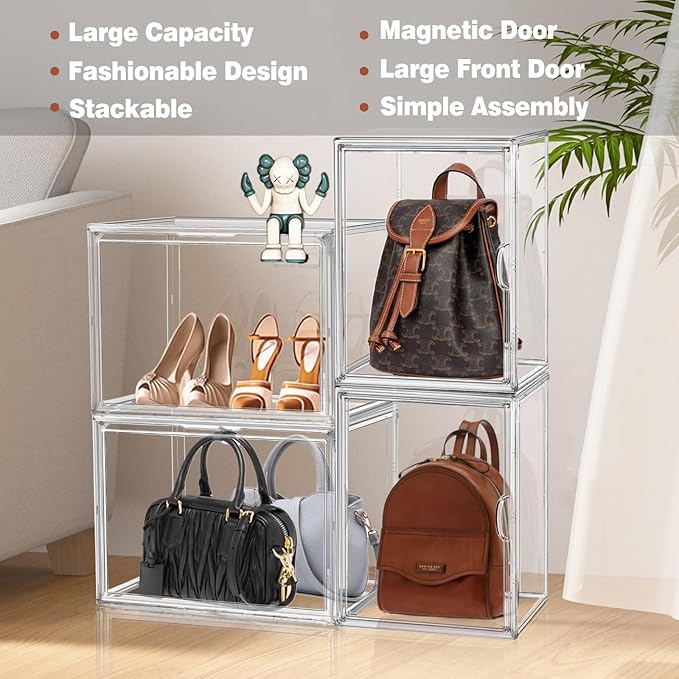 XX-Large 4 Pack Clear Plastic Handbag Storage Organizer for Closet Acrylic Display Case Purse Organizer Storage Bins for Boots, Big Bag, Collectibles, Cosmetic