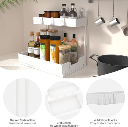 NATURE'S SOURCE 2-Tier Under Sink Organizers and Storage 2 Pack Sliding L-shape Under Cabinet Organizers For Narrow Space Multi-purpose Sink Organizer for Bathroom Kitchen Drawer(White 2 Pack)