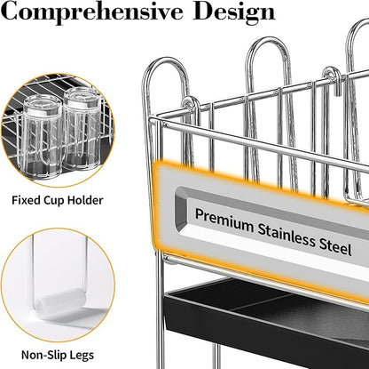 Delamu Large Dish Drying Rack, Stainless Steel Dish Racks for Kitchen Counter, Multifunctional Dish Drainer with Cutlery & Cup Holders, Extendable from 13.4 to 28.7 in, Black