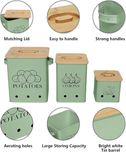 Kitchen Canisters Set, Storage Bin for Potato Onion & Garlic, 3 Pack Set Countertop Pots Containers with Wooden Lid - Potato Storage, Garlic Bin, Onion Keeper Tin with Aerating Holes-Green