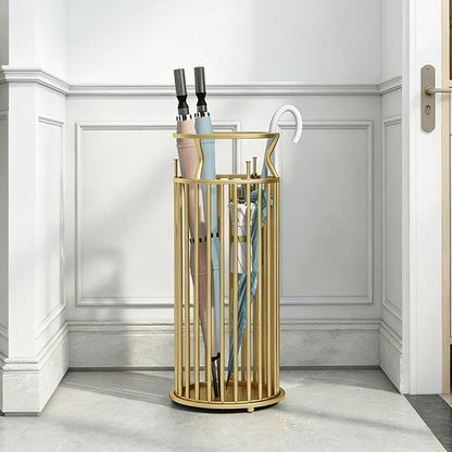 Metal Umbrella Stand with Hooks, Commercial Umbrella Holder & Storage Rack Organizer, Floor Standing Umbrella Bucket for Home, Hotel, Lobby & Entryway Decor.(Gold)