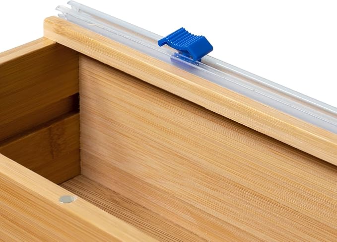 Forest & Twelfth Expandable Bamboo Kitchen Drawer Organizer for Storage Bags, Gallon, Quart, Snack, Sandwich Size, Plastic Wrap Foil Dispenser with Prep Bag Holder, Eco-Friendly Kitchen Organization