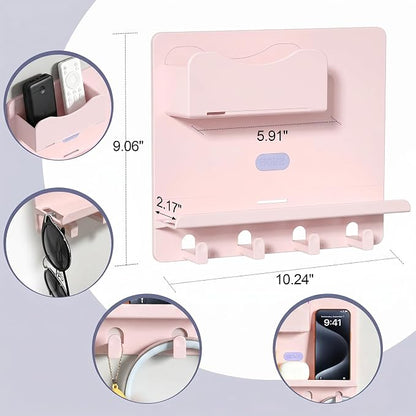 Bedside Shelf Wall Mount, Adhesive Bedside Shelf Accessories Organizer with Hooks and Cable Clips,Dorm Bedside Wall Storage for Phone, Remote, Earphone,Plastic (Pink)