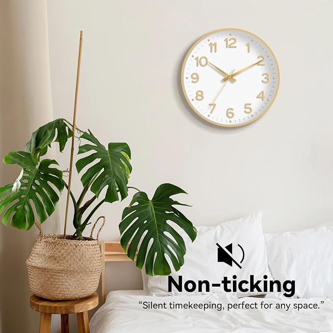 Roymnie Wall Clock 12 Inch Silent Wall Clocks Battery Operated-Modern Non Ticking Analog Clock Decorative for Kitchen Bedroom Office (White Gold)