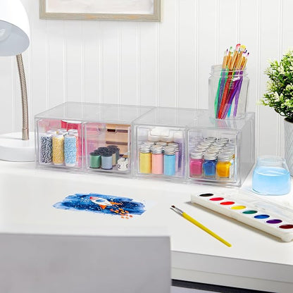 STORi Stackable Desk Organizer drawers, Clear Pen Pencil Makeup Brush drawers for Desktops and Vanities, 4 Tall Drawers (Made in USA)