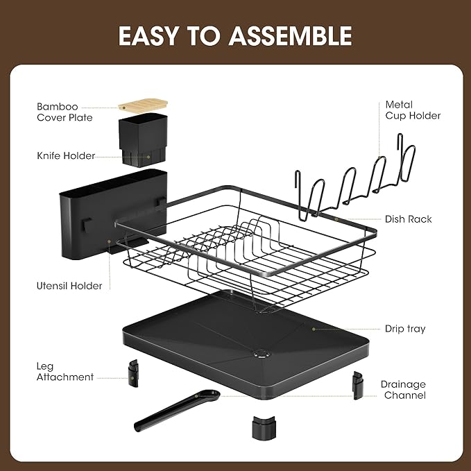 Runnatal Dish Drying Rack, Stainless Steel Dish Rack with Drainboard for Kitchen Counter and Sink, Large Capacity Dish Drainer, Detachable 2-in-1 Utensil Holder, Cup Holder, Black