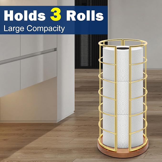 NearMoon Toilet Paper Organizer Stand, Freestanding 3 Rolls Tissue Storage, Metal Bathroom Accessory, Rustproof Toilet Roll Holder for Kitchen Countertop Inside Cabinet Shelf(Wooden Base, Gold)