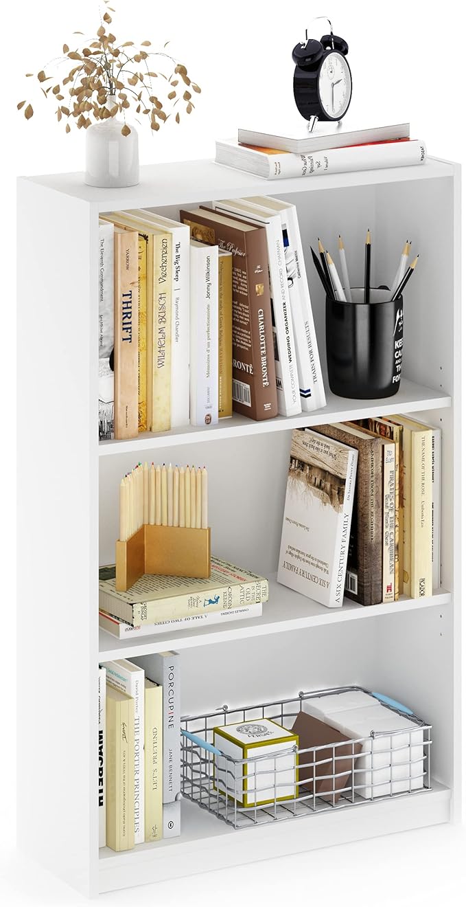 Furinno Jaya Book Shelf, 3-Tier Bookshelf, Bookcase with Adjustable Shelves, 9.5 x 24.5 x 40.3, for Living Room, Bedroom, Home Office, White
