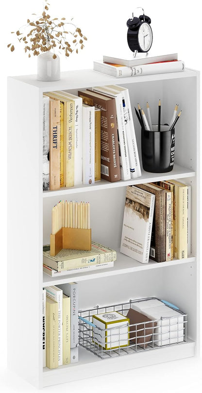 Furinno Jaya Book Shelf, 3-Tier Bookshelf, Bookcase with Adjustable Shelves, 9.5 x 24.5 x 40.3, for Living Room, Bedroom, Home Office, White