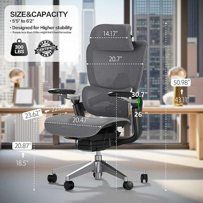 Ergonomic Office Chair with Adjustable 3D Lumbar Support, Big and Tall Mesh Home Desk Chair 5D Armrests, Executive Chair with 4D Headrest, 90-130°Tilt, BIFMA Certified, Model Zen (Grey)