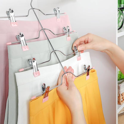 TOPIA HANGER 4 Tier Metal Skirt Hangers for Women, Pants Hanger Space Saving with Adjustable Clips, Gain 70% More Space, Non Slip Grip for Slacks, Trousers, Shorts, Jeans, Towels, Pink, 2-Pack, CT20P