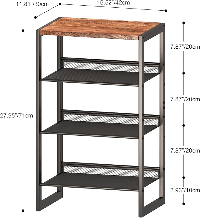 Narrow 4-Tier Shoe Rack, Slim Space-Saving Shelf with Decorative Wood Top & Steel Mesh, Entryway/Closet/Dorm Organizer, 16.5x11.8x27.9 Inches