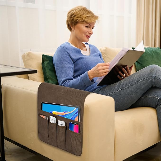 Couch Organizer Remote Control Holder Armchair Caddy, Anti Slip Corduroy Tv Remote Holder Couch Caddy with 5 Pockets for Storage Couch Accessories Bedside Organizer Senior Citizen Gifts