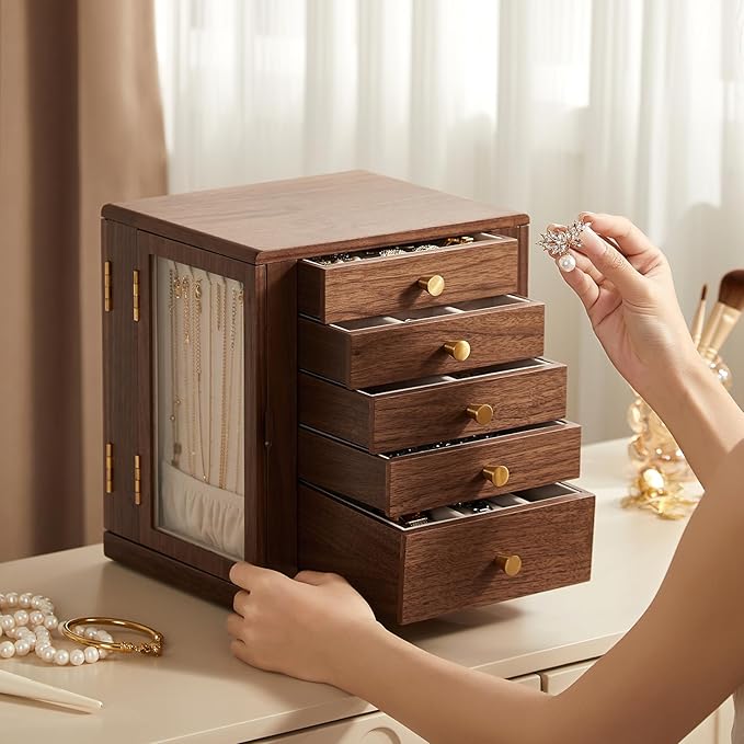 Black Walnut Wooden Jewelry Box - 360° Rotating Jewelry Organizer for Women with 5 Drawers for Rings,Necklaces,Earrings and Bracelets -Large Storage Case - Christmas Gift idea