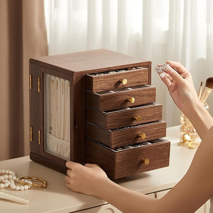 Black Walnut Wooden Jewelry Box - 360° Rotating Jewelry Organizer for Women with 5 Drawers for Rings,Necklaces,Earrings and Bracelets -Large Storage Case - Christmas Gift idea