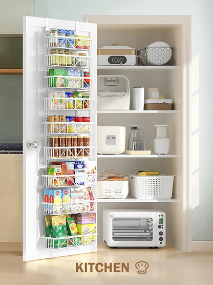 Delamu Adjustable Over the Door Pantry Organizer, 9-Tier Metal Pantry Organization and Storage for Kitchen, Hanging Spice Rack Seasoning Shelves, Cabinet Door Organizer for Easy Install, 16" White