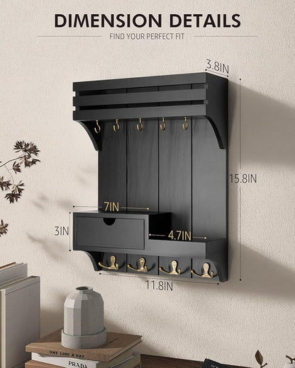Rebee Vision Modern Key Holder Wall Mount with Mini Drawer Organizer - Decorative Mail Organizer with 9 Key Hooks and Floating Shelf - Stylish Home Decor for Apartment Essentials (Black)