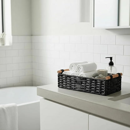 Back of Toilet Basket, Black Toilet Tank Basket with Wooden Handles, Handwoven Paper Rope Wicker Organizer for Toilet Top/Over Toilet Shelf/Bathroom Counter Storage Bin,Holds 2 Toilet Paper Rolls