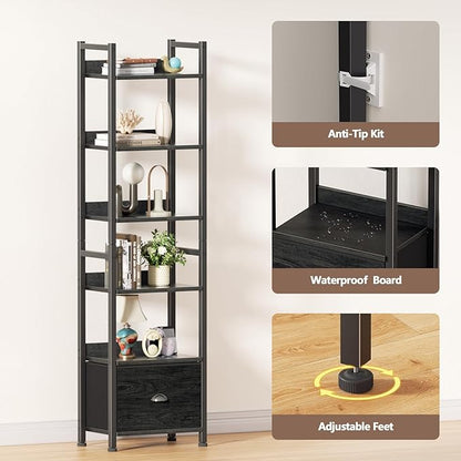 Furologee 6 Tier Bookshelf, Tall Shelf with Drawer, Wood and Metal Bookshelves Storage Organizer, Industrial Display Shelving Unit for Bedroom, Living Room, Home Office, Black Oak
