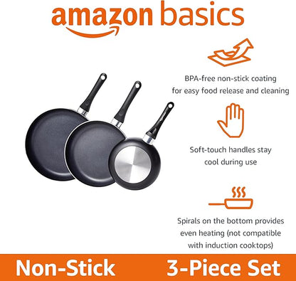 Amazon Basics Non-Stick 3-Piece Frying Pan Set with Stay Cool Handles, 8-inch, 10-inch, 12-inch, Black