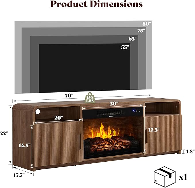 AMERLIFE 70" Fluted Fireplace TV Stand for TVs Up to 80", Modern TV Console with 30" Electric Fireplace & Storage Cabinets, Media Entertainment Center for Living Room, Brown