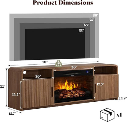 AMERLIFE 70" Fluted Fireplace TV Stand for TVs Up to 80", Modern TV Console with 30" Electric Fireplace & Storage Cabinets, Media Entertainment Center for Living Room, Brown