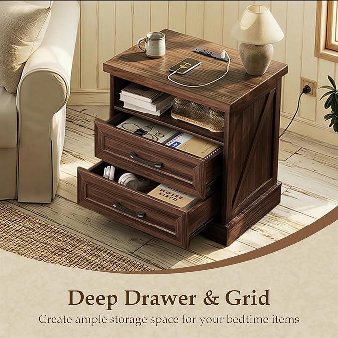 AODK 24 Inch Farmhouse Nightstand with Charging Station, Wood Bedside Table with 2 Drawers, Rustic Wood End Table with Outlet and USB for Bedroom, Dark Walnut